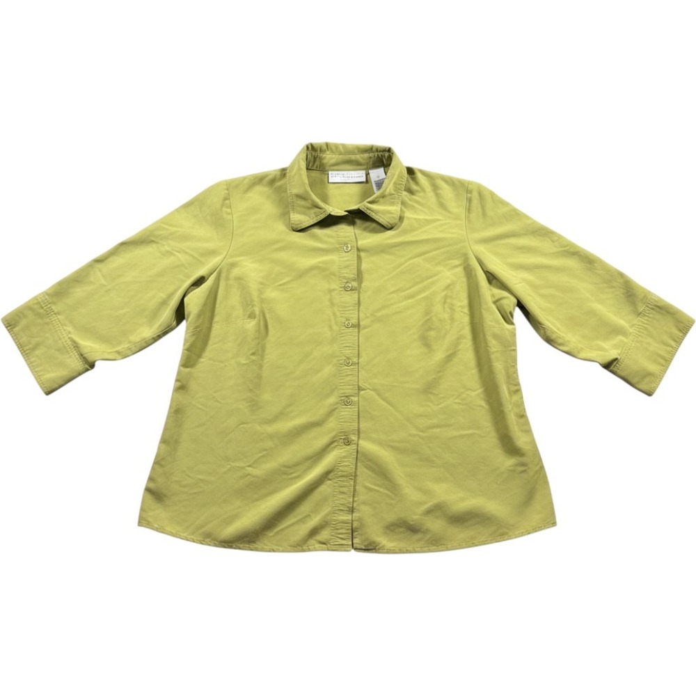 Vintage Button Down Shirt Women 1 Green Excellent 3/4 Sleeve Rayon Blend